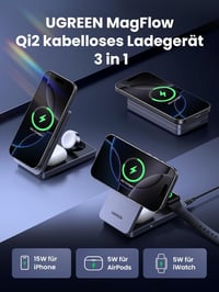 UGREEN MagFlow Qi2 15W 3-in-1 Vezeték Nélküli Töltőállomás iPhone 16/15/14/13/12, AirPods és Apple Watch Készülékekhez, Összecsukható Mágnes 3