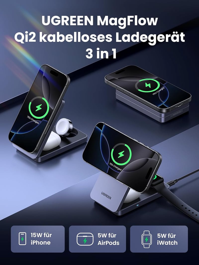 UGREEN MagFlow Qi2 15W 3-in-1 Vezeték Nélküli Töltőállomás iPhone 16/15/14/13/12, AirPods és Apple Watch Készülékekhez, Összecsukható Mágnes