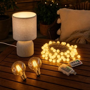 Večernja LED čarolija: 6 m/40 LED lampica + stolna lampa sjenilo + 2x Edison E27 LED žarulja