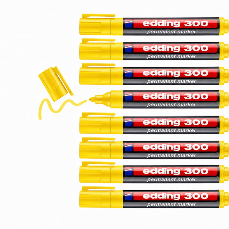 Marker permanent edding 300 galben, vârf rotund 1,5-3 mm, rezistent la apă, cu uscare rapidă, pentru suprafețe din carton, lemn, metal, sticlă - set de 9 bucăți