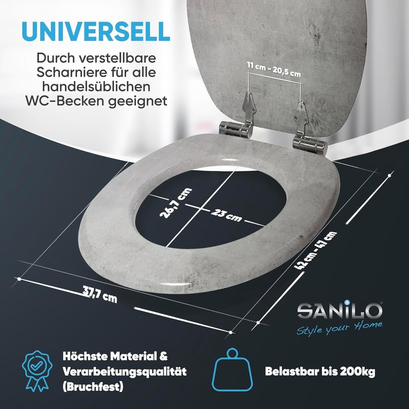 Sanilo Ovális WC Ülőke Beton Mintázattal - MDF Fa Hatású Toalett Tető Soft-Close Mechanizmussal, Stabil Zsanérokkal, Egyszerű Szereléssel
