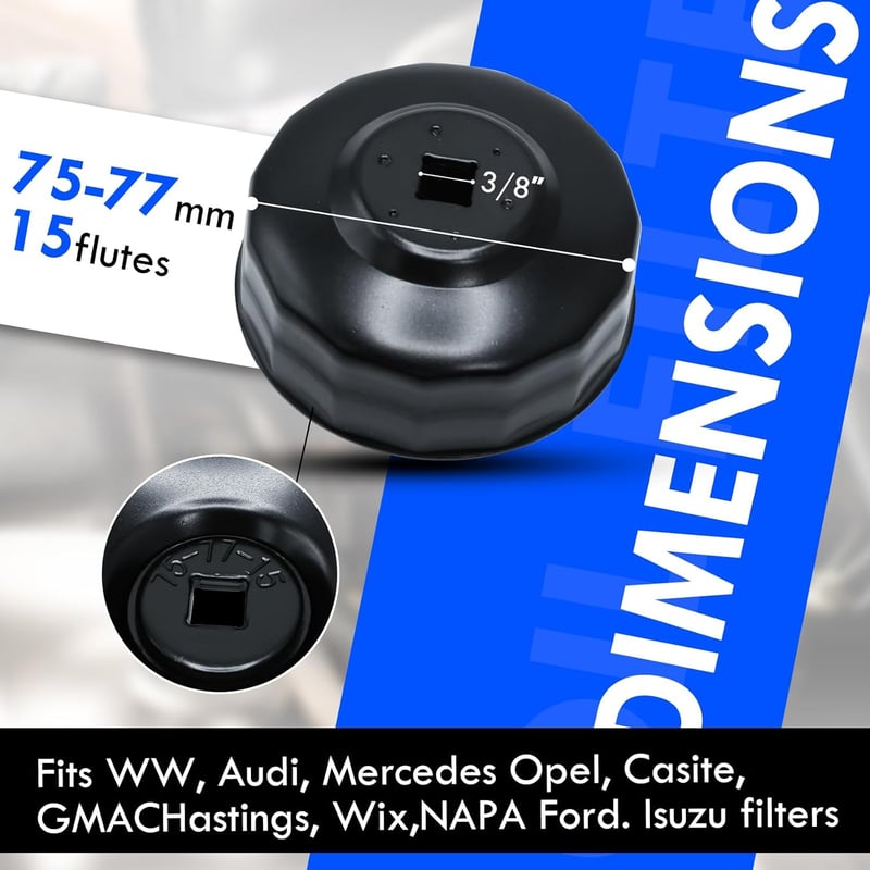 CCLIFE Olajszűrő Kulcs 75-77 mm, 3/8 Colos Meghajtással, 15 Pontos, VW, Audi, Mercedes, Opel Kompatibilis, Króm-Vanádium Acél - 100 Mm, 15-point, Isuzu, Mitsubishi