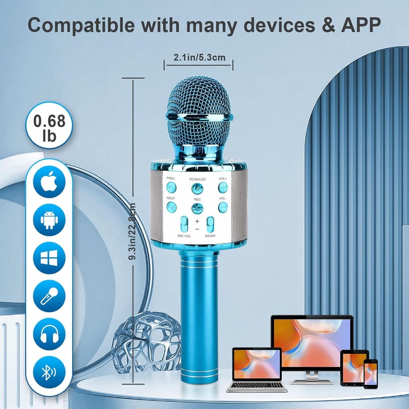 ShinePick Kék Bluetooth Karaoke Mikrofon LED Fénnyel, Hangszóróval - Android/iOS Kompatibilis