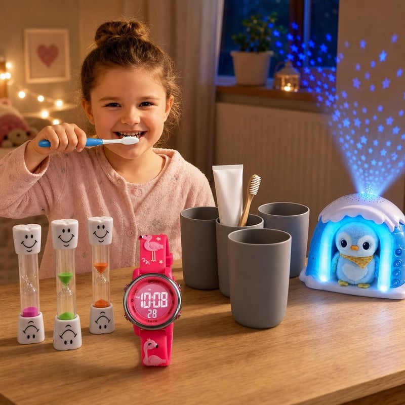 Detský balíček pre hygienu: 3x presýpacie hodiny + digitálne hodinky + 4x pohár + nočná lampa