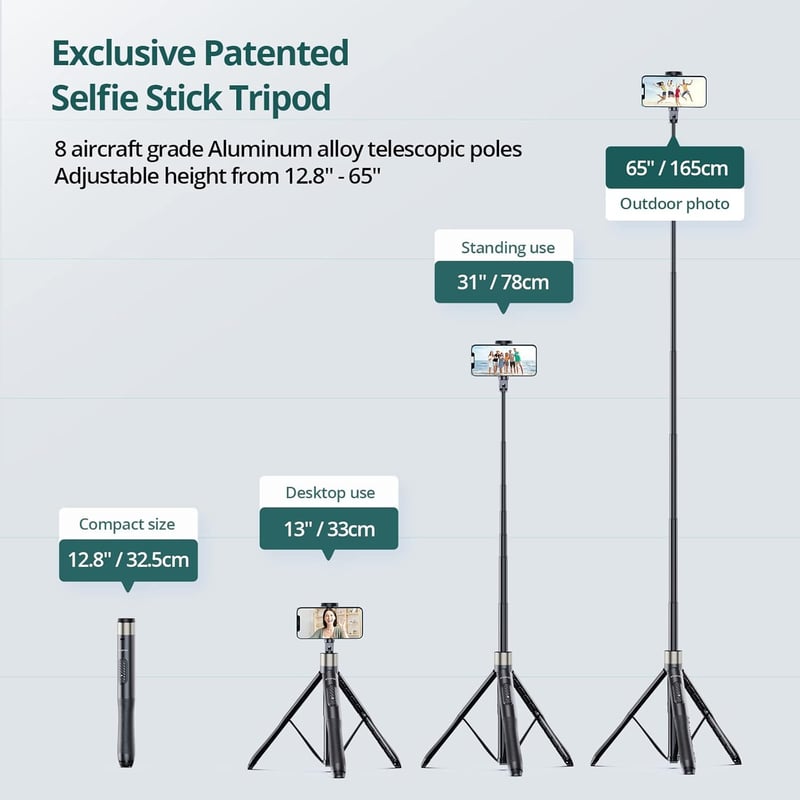 ATUMTEK 165 cm Szelfi Bot Tripod Állvánnyal - Levehető Bluetooth Távirányítóval, iPhone és Android Telefonokhoz, Videózáshoz, Vlogoláshoz, É
