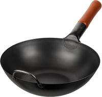 YOSUKATA 30 cm Karbonacél Wok Serpenyő - Előégetett Lapos Aljú Kínai Edény Indukciós, Gáz, Elektromos Főzőlaphoz és Grillhez - Autentikus Áz 1