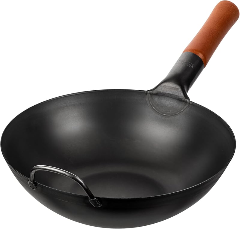 YOSUKATA 30 cm Karbonacél Wok Serpenyő - Előégetett Lapos Aljú Kínai Edény Indukciós, Gáz, Elektromos Főzőlaphoz és Grillhez - Autentikus Áz