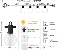 ZOTOYI LED Fényfüzér 45m - 73+3 G40 Izzóval, IP65 Vízálló, Kültéri-Beltéri Dekorációs Világítás, Meleg Fehér, Energiatakarékos, Törésálló 7
