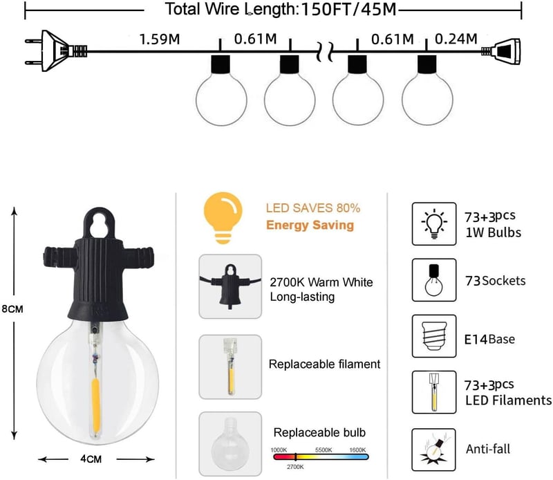 ZOTOYI LED Fényfüzér 45m - 73+3 G40 Izzóval, IP65 Vízálló, Kültéri-Beltéri Dekorációs Világítás, Meleg Fehér, Energiatakarékos, Törésálló