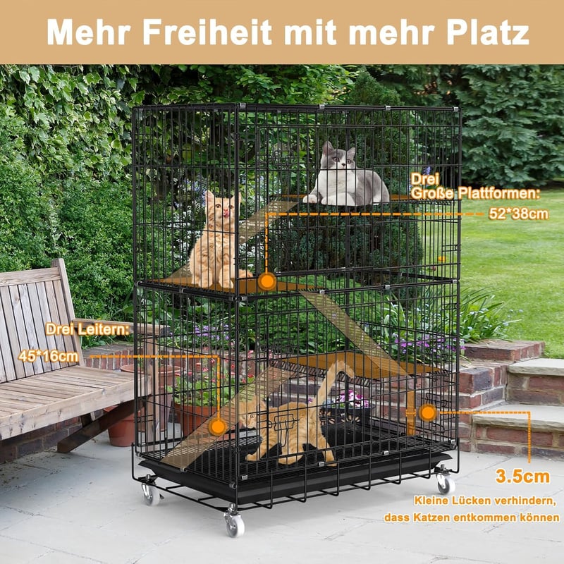 ybaymy Összecsukható Macskaketrec 4 Szintes - 90x55x125 cm Fém Ketrec 1-3 Macskának, 360° Forgatható Kerekekkel, Rámpával, Bel- és Kültéri