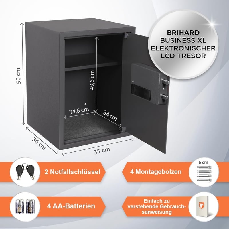 Brihard Business XL EL Széf Elektronikus Zárral - 50x35x36cm Titán Szürke Acél Páncélszekrény Fali/Padló Rögzítéssel, LED Kijelzővel, Vészny