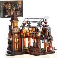 FUNWHOLE Steampunk Vasútállomás LED Világítással - 1843 Darabos Építőkészlet Felnőtteknek 1
