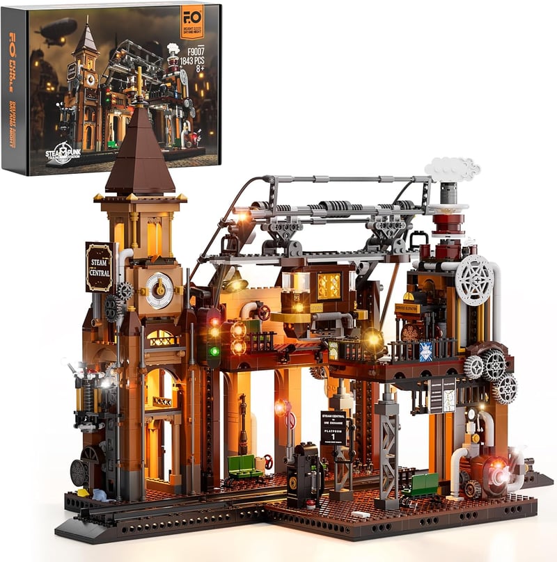 FUNWHOLE Steampunk Vasútállomás LED Világítással - 1843 Darabos Építőkészlet Felnőtteknek