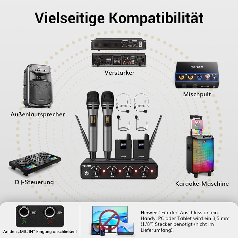TONOR UHF Vezeték Nélküli Mikrofon Szett Kézi/Csíptetős/Fejhallgatós/Csiptetős Mikrofonokkal, 20 Csatorna, 60m 