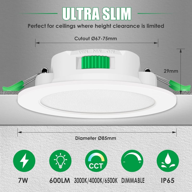 6 db ALUSSO LED Süllyesztett Spotlámpa, 230V, Szabályozható, IP65, 7W, 68mm, Lapos, 3 Színhőmérséklet