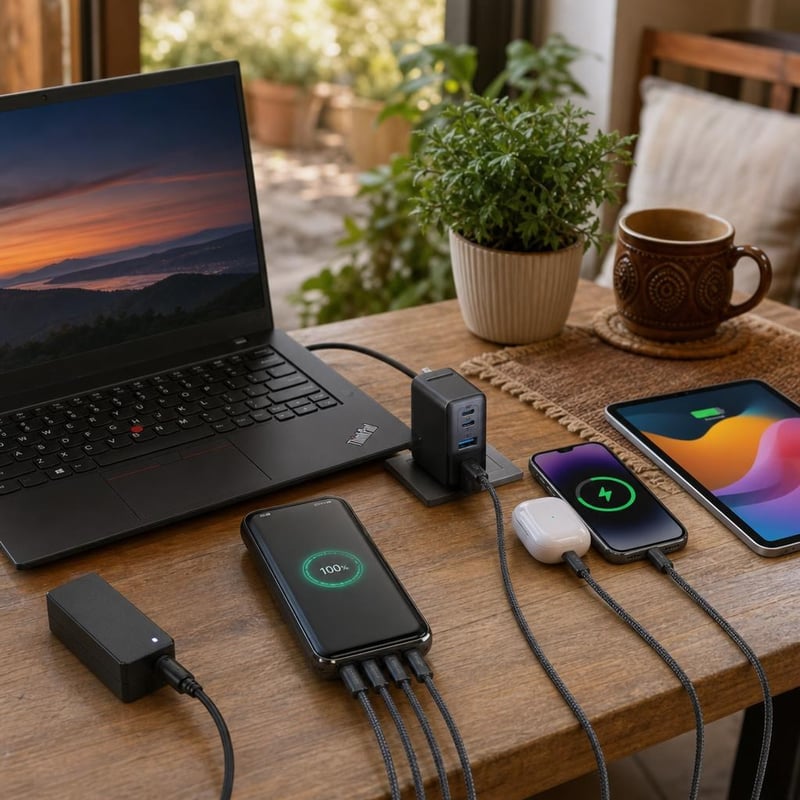 Nomád laptop töltőcsomag: 65W Lenovo töltő + 65W 3 portos gyorstöltő + 3 db USB-C kábel + 20000 mAh powerbank