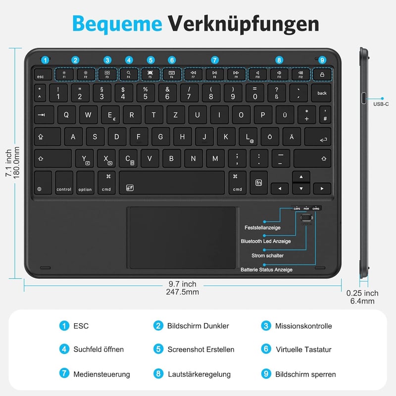 Emetok Vezeték Nélküli Bluetooth Billentyűzet Trackpaddel, Német QWERTZ, iPad 10.9/10.2/9.7/Pro/Air/Mini Készülékekhez, Fekete