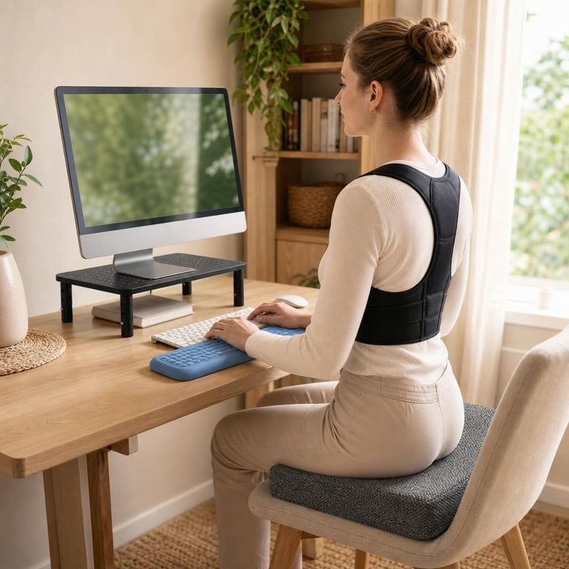 Ergonomikus gépezőkomfort: tartásjavító + memóriahabos csuklótámasz + monitorállvány + ülőpárna