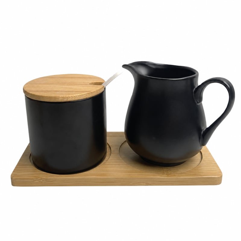 Set de lapte și zahăr din ceramică neagră BAIFULAI cu capac și linguriță, latieră, zaharniță și suport din lemn — zaharniță lipsă (stare: vezi a 2-a imagine)