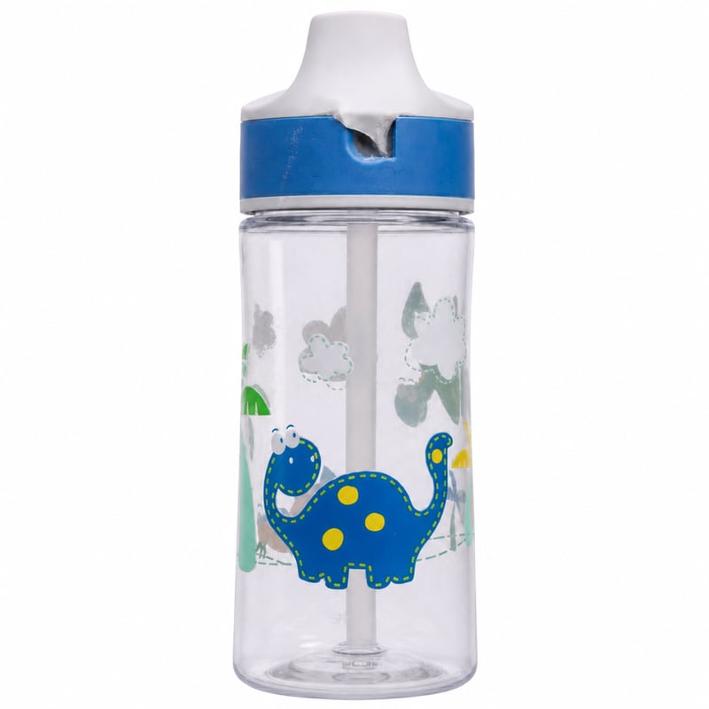 Sticlă pentru copii SIGG Miracle Dinosaur cu pai — defectă, funcționează parțial: butonul de deschidere este rupt, suprafață zgâriată (stare: vezi a 2-a imagine)