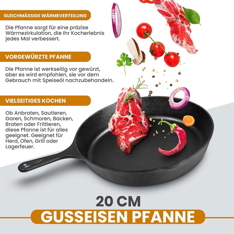 KICHLY Előzsírozott Öntöttvas Serpenyő - Grillezéshez, Beltéri és Kültéri Használatra (20 cm)