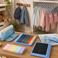 Školský balíček: 28× vešiak + peračník + 36× pastelky + 6× lepiace bločky + LCD tabuľka 1