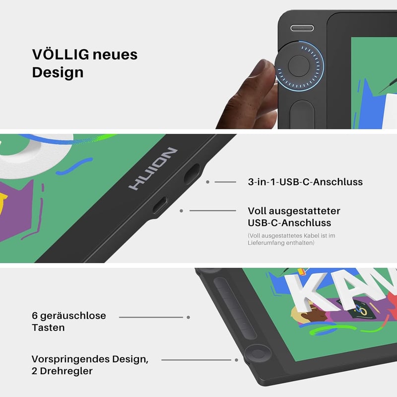 HUION Kamvas 16 Gen 3 Grafikus Rajztábla 15,8" 2.5K QHD Kijelzővel, Tükröződésmentes Üveggel, 99% sRGB, PenTech 4.0, 16384 Nyomásérzékenység
