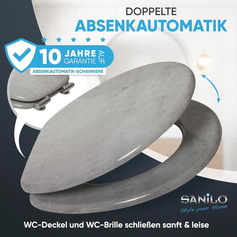 Sanilo Ovális WC Ülőke Beton Mintázattal - MDF Fa Hatású Toalett Tető Soft-Close Mechanizmussal, Stabil Zsanérokkal, Egyszerű Szereléssel