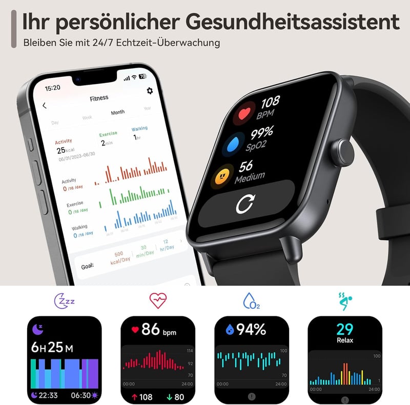 Alexa-s okosóra pulzusmérővel, 110 sportmóddal, IP68 vízálló, Android/iOS