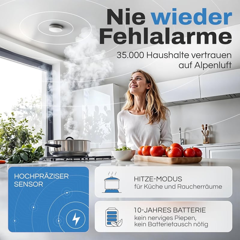 ALPENLUFT Vezeték Nélküli Füstérzékelő Készlet 5db - Hőérzékelővel, 10 Éves élettartammal, Hálózatba Köthető, Lapos Dizájn, LED Villogás Nélkül