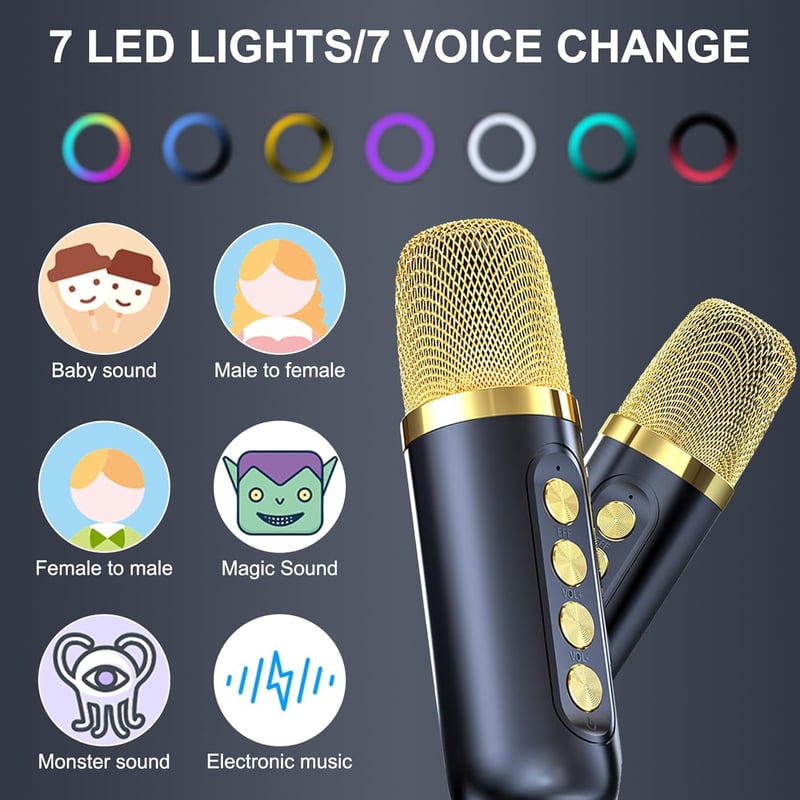 Hordozható Bluetooth Karaoke Rendszer 2 Vezeték Nélküli Mikrofonnal, 7 LED Fénnyel