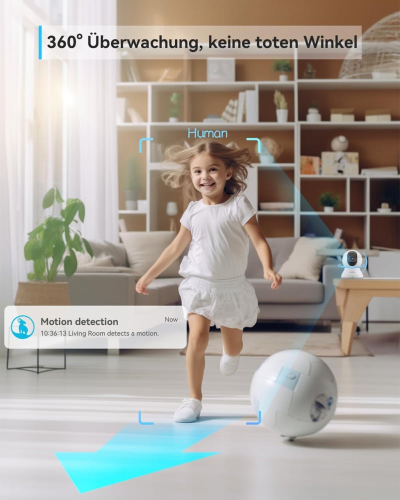 blurams 2K WiFi Biztonsági Kamera 360° Mozgáskövetéssel, Éjszakai Látással és Kétirányú Hanggal