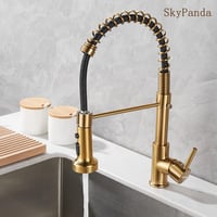 SkyPanda Arany Konyhai Csaptelep Kihúzható Zuhanyfejjel, 360° Forgatható, 3 Üzemmódú Kétfunkciós Fejjel, Szálcsiszolt Réz Kivitel 7