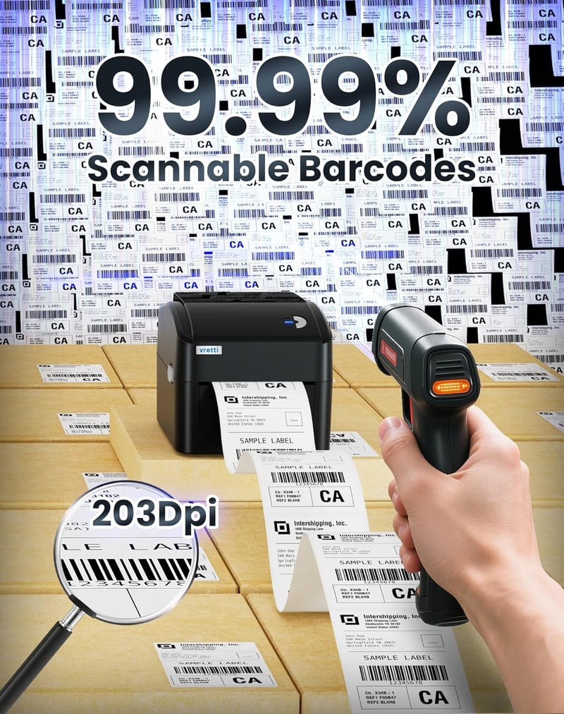 vretti USB Címkenyomtató XXL Papírtálcával - DHL Szállítási Címkékhez, Windows/Mac/ChromeOS/Linux Kompatibilis, 99,99% Vonalkód Olvasási Ará - black, USB