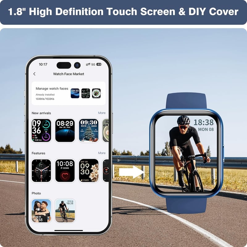 Fitpolo Okosóra Telefonhívás Funkcióval - 110+ Sportmód, 1.8" HD Érintőkijelző, Alexa, Pulzusmérő, Alvásfigyelő, IP68 Vízálló Fitness Tracke