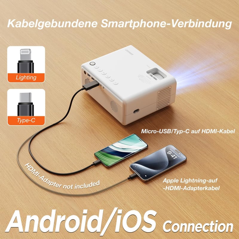 iZEEKER Mini Bluetooth Projektor 12000 Lux 1080P Felbontással, Állvánnyal - Otthoni Mozi, Kompatibilis iOS, Android, PC, HDMI, USB, PS5, Xbo