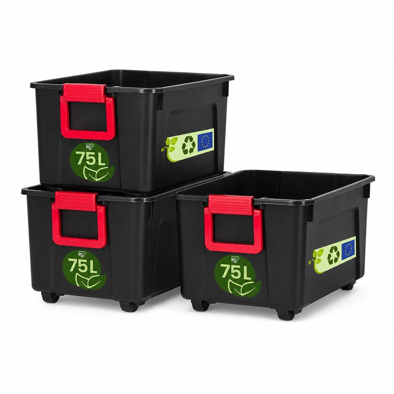 Set kutija za pohranu Iris Ohyama SIA-75, 3 kom, 75 l, s kotačima, složive - crne — nedostaju poklopci za 3 kom (stanje: vidi 2. sliku)