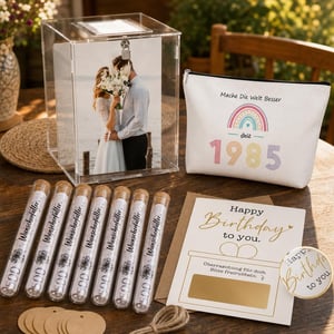 Cadou aniversar 40 ani: geantă cosmetice + 6 eprubete bani + felicitare răzuibilă + cutie cu lacăt