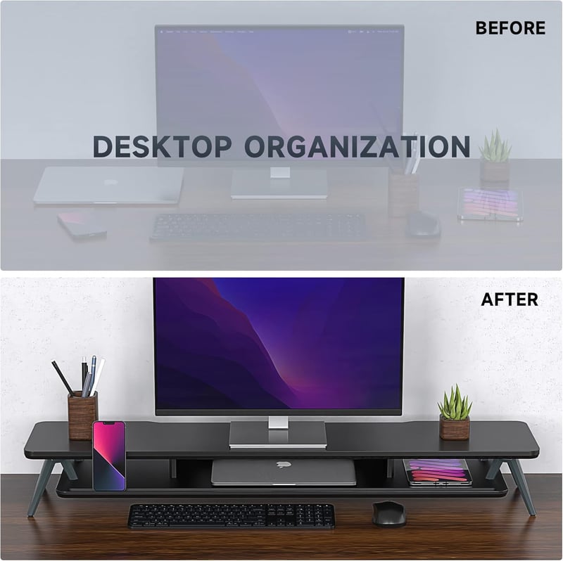 Fenge Dupla Monitortartó Állvány Telefon/Tablet Tartóval, 2 Szintes Nagy Multifunkciós Számítógép Laptop Képernyőemelő, 108x23,5x14,5 cm, Fe