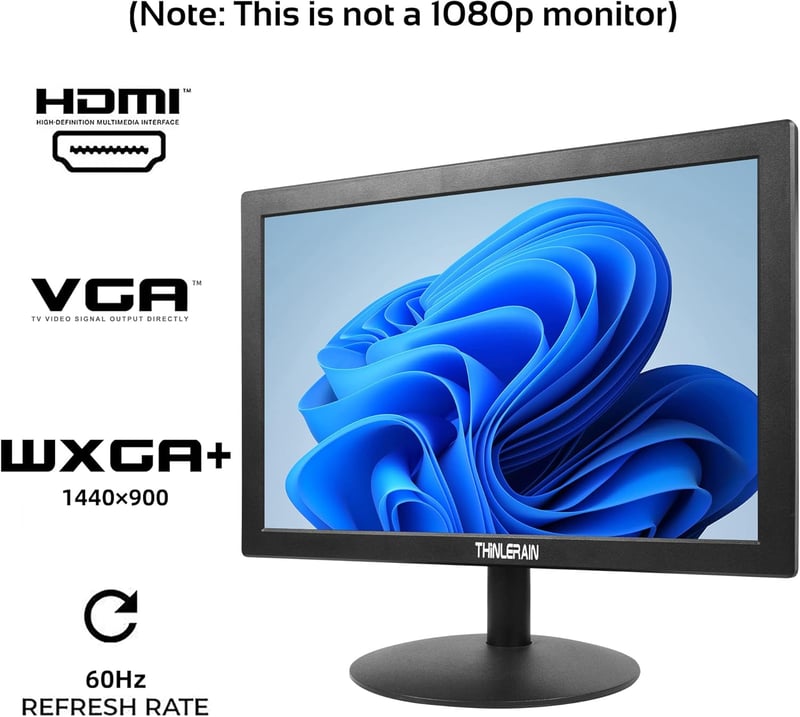 Thinlerain 15,4" HD Monitor 1400x900 Felbontással - Beépített Hangszórókkal, HDMI/VGA Csatlakozással, VESA Kompatibilis, PC/PS4/Xbox/Switch 