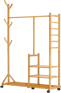 Yorbay Bamboo Fa Alakú Gurulós Ruhaállvány - 100x38x176 cm Természetes Bambuszból, 3 Polccal, 6 Akasztóval és Ruhatartó Rúddal 1