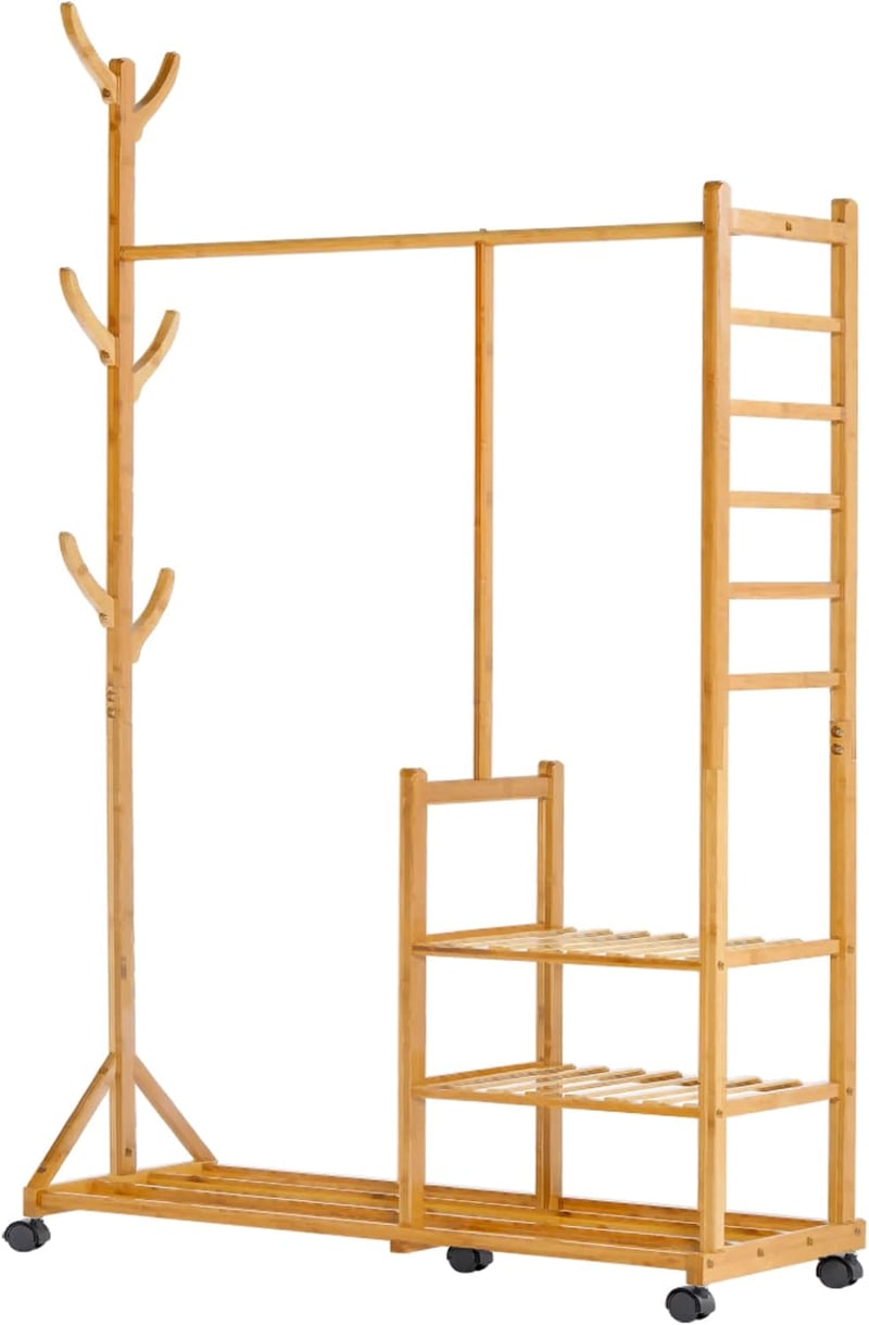 Yorbay Bamboo Fa Alakú Gurulós Ruhaállvány - 100x38x176 cm Természetes Bambuszból, 3 Polccal, 6 Akasztóval és Ruhatartó Rúddal