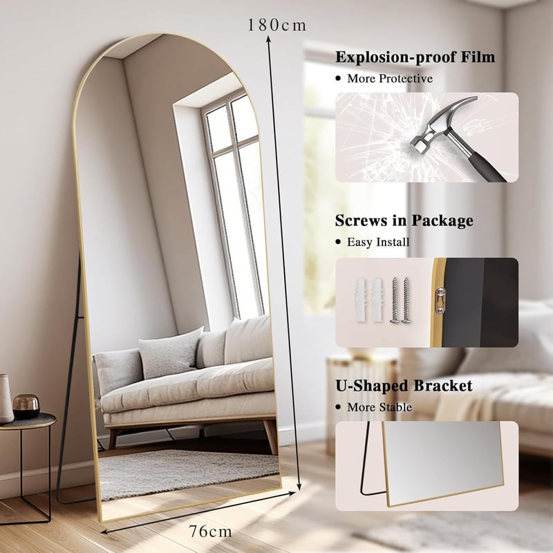 LunaMirror Ívelt Arany Álló Tükör 192x85 cm - Teljes Alakos Padlótükör Hálószobába, Nappaliba - Nagyméretű Fali Tükör Nano Üvegből Alumínium