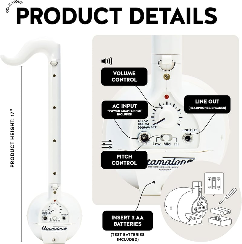 Hamee Otamatone Deluxe Zenélő Játékhangszer - Fehér Színben, 3 AA Elemmel, 45 cm-es Méretben, Különleges Angol Verzió