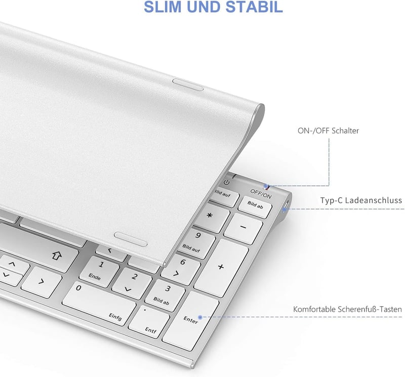 seenda Vezeték Nélküli Billentyűzet-Egér Szett - Újratölthető, Ultravékony Fém Billentyűzet QWERTZ Kiosztással PC/Laptop/Smart TV-hez, Fehér