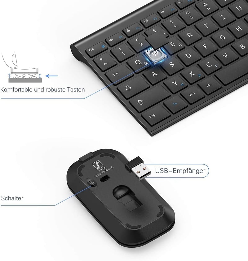 seenda Vezeték Nélküli Billentyűzet és Egér Szett - Ultravékony, Hordozható, Újratölthető, Fekete, PC/Laptop/Smart TV Kompatibilis