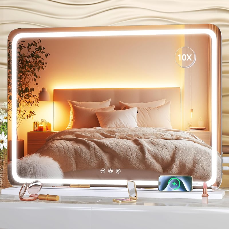 Hasipu LED Sminktükör 58x46 cm - Kerek Fehér Kozmetikai Tükör Érintőképernyős Vezérléssel, 3 Fokozatú Tompítható Világítással, Alumínium Ker