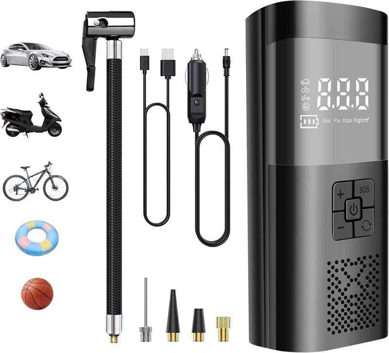 SHTALHST Elektromos Pumpa 6000 mAh Akkumulátorral - 150 PSI Kompresszor LCD Kijelzővel Kerékpárhoz, Motorhoz, Autóhoz - Zseblámpa és Powerba