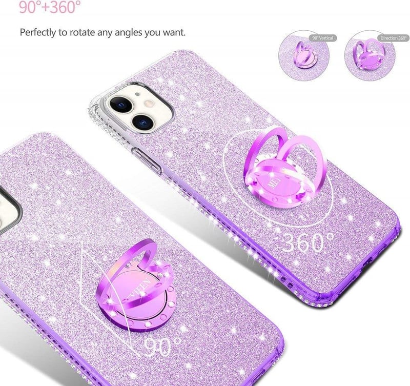 iPhone 12 Mini Lila Glitteres Gyűrűs Tok - Csillogó Lányos Szilikon Védőtok