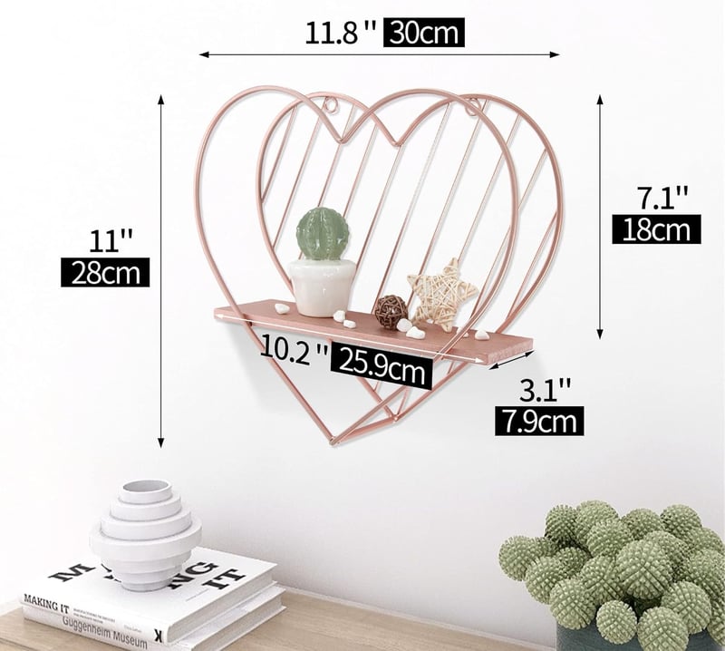 Afuly Rozéarany Fali Polc - Szív Alakú Fém Lebegő Polc Hálószobába, Konyhába, Fürdőszobába - Egyedi Dekoráció 10 kg Teherbírással